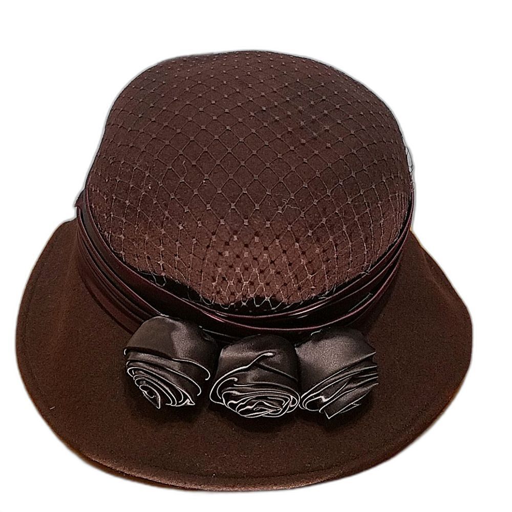 Michael Howard VTG 100% Wool Brown Bucket Hat, Satin Floral, Mesh, Made in USA